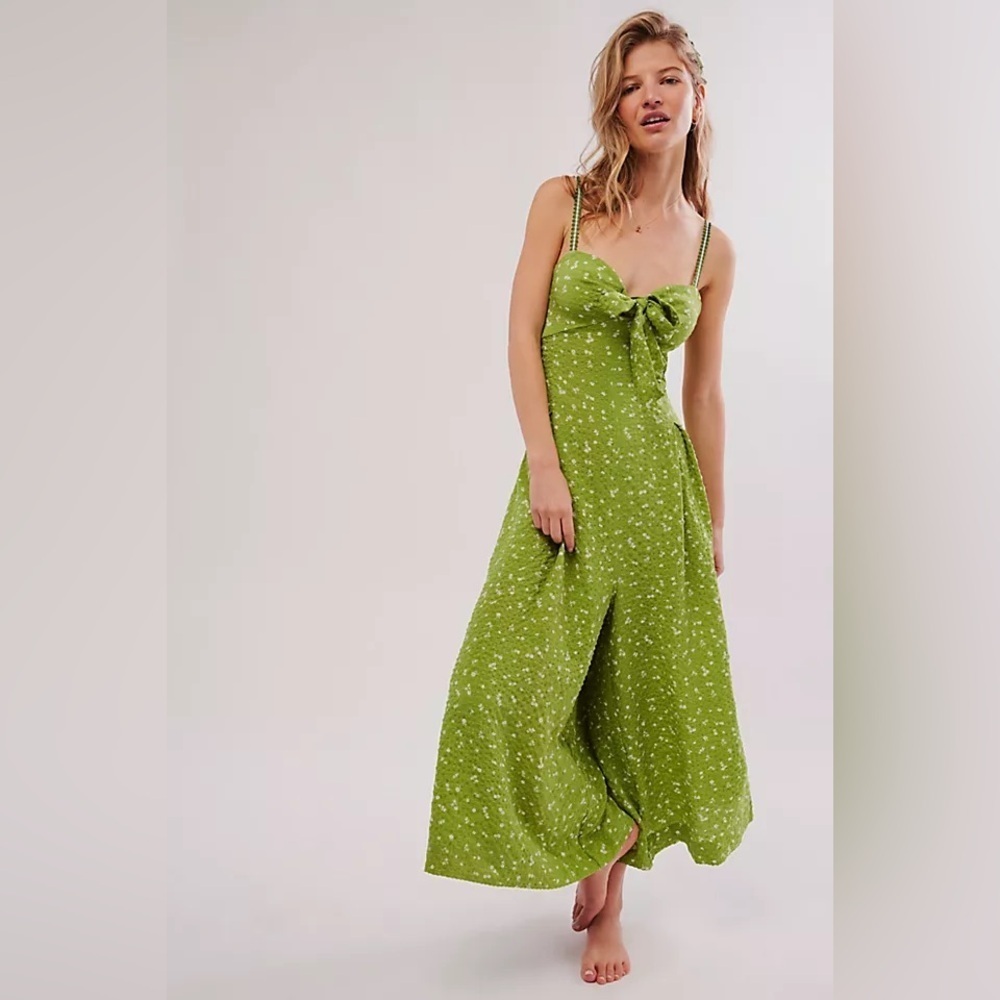 NWT Anthropologie Coming Home Romper Lime Green Floral Size S Bow Cottagecore